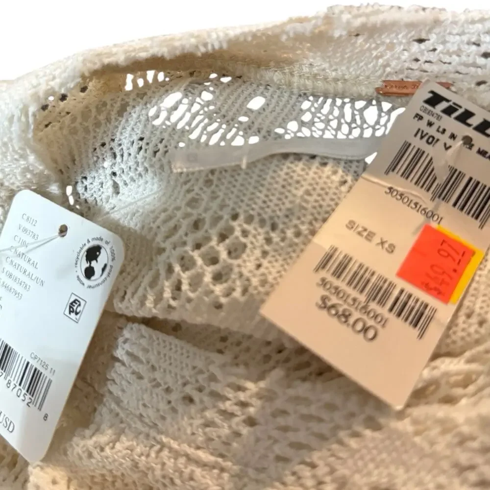 Free People Zoe Crochet Lace Long Sleeve Top, Cream, Boho, Size XS NWT